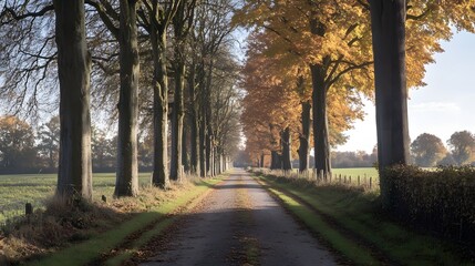 A peaceful country road lined with trees in full autumn leaves