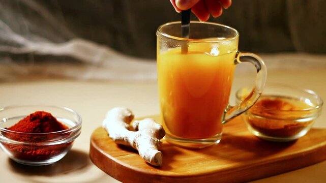 Immunity drink with turmeric powder in transparent glass. Homemade turmeric tea. Healthy drink with curcuma spices. Turmeric beverage for cleansing skin, normal bowel function and weightloss