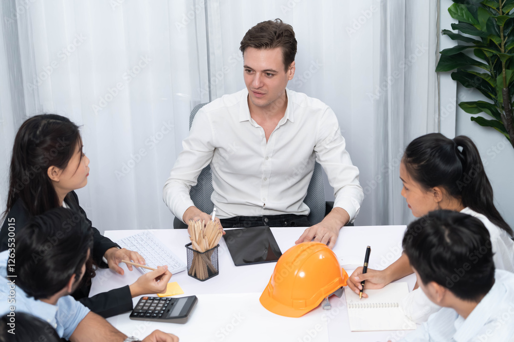 Aufkleber diverse group of civil engineer and client working together on architectural project, reviewing cons