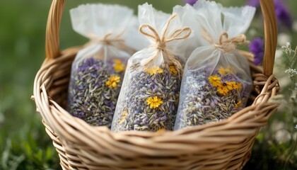 A woven basket contains three bags filled with an assortment of dried flowers, showcasing vibrant colors and natural textures.