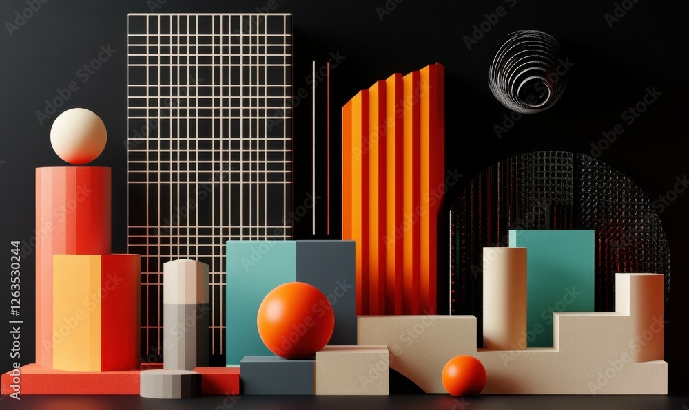 Poster an abstract 3d render with geometric blocks set against a dark background.