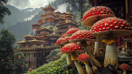 Red mushrooms foreground a tiered pagoda in misty mountains, evoking fantasy and magic. Ideal for travel blogs, mystical lore, or unique travel destinations.