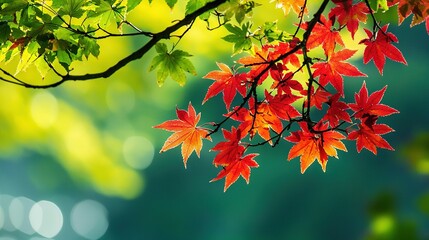 Obraz premium A sharp focus on a leafy tree branch with an out-of-focus background of vibrant green, yellow, and red leaves