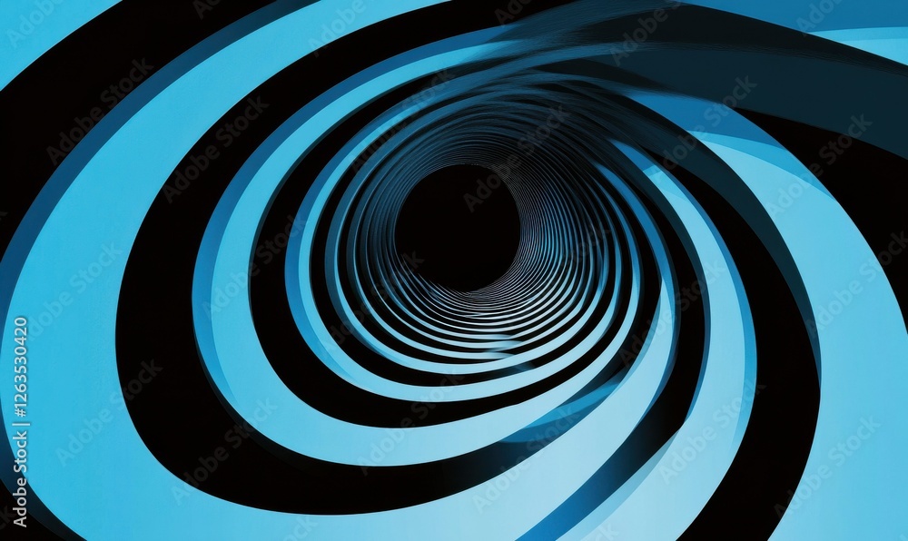 Poster an abstract design of blue and black curved lines creates a vortex or tunnel effect.