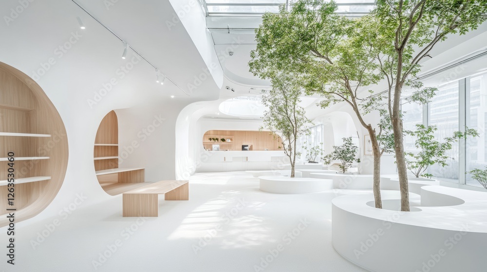 Poster modern open office space with white walls and natural light, concept of workspace productivity. 3d r