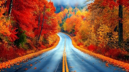 A peaceful country road lined with trees in full autumn leaves