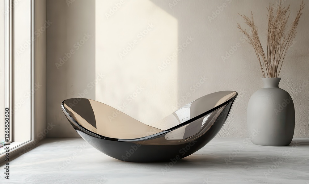 Poster an abstract minimalist design with a curved glass shape, presented as a 3d render.