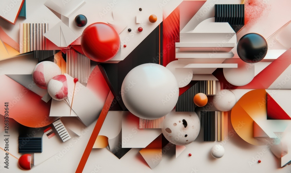 Poster an abstract geometric background, created as a 3d render, consisting of various geometric forms.