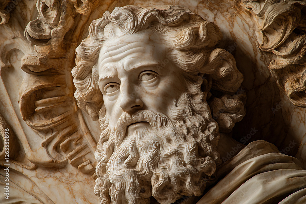 Poster generative ai bas-relief of a mythological face surrounded by nature elements in ancient artistic st