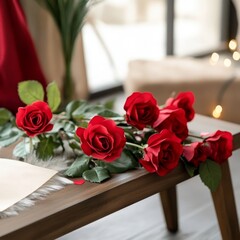 Beautiful red roses on bench in room decorated for Valentine's Day, closeup 