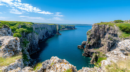 Coastal cliffs, dramatic inlet, sunny day, scenic view, travel photography
