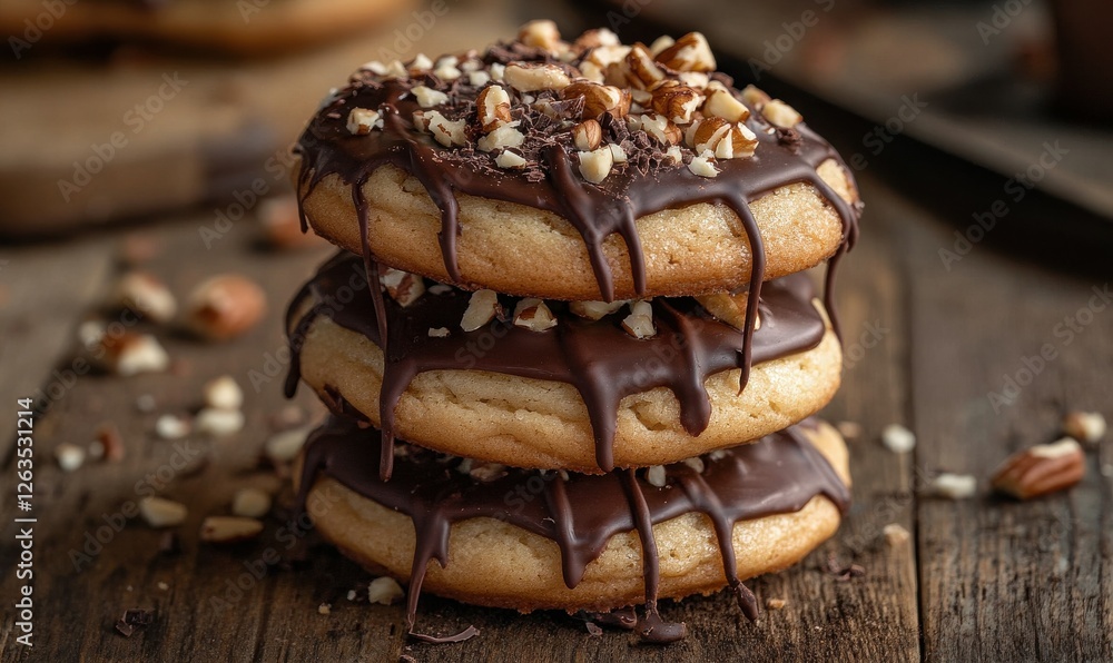Poster an appetizing stack of cookies drizzled with chocolate and sprinkled with chopped nuts on a rustic w