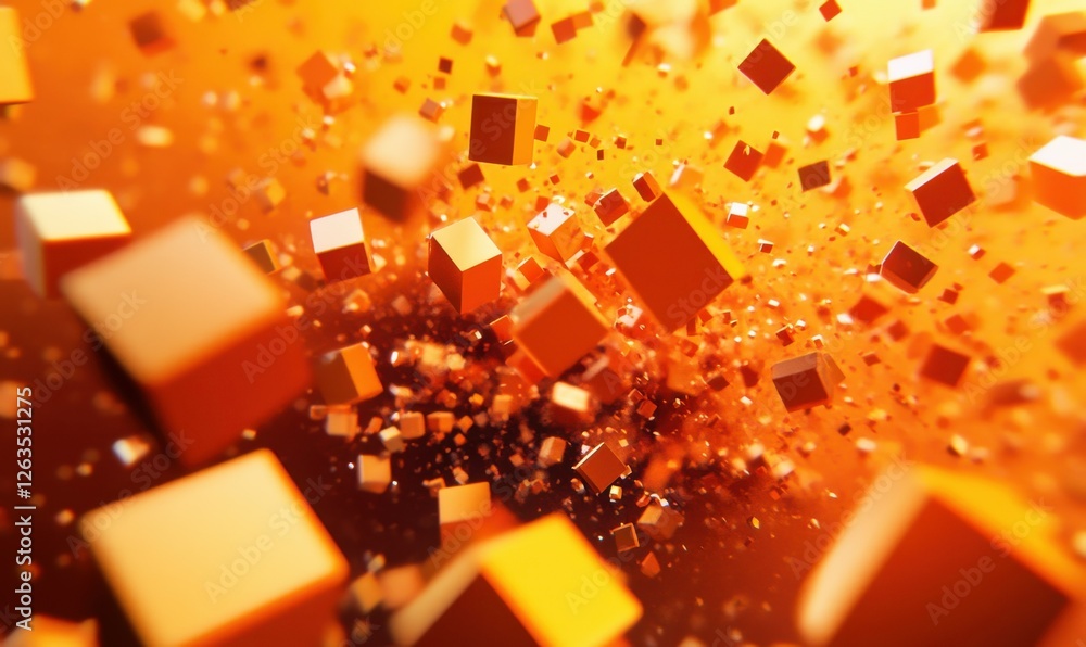 Fototapete chaotic particles in an abstract 3d rendering. flying cubes in a void. dynamic structure. futuristic