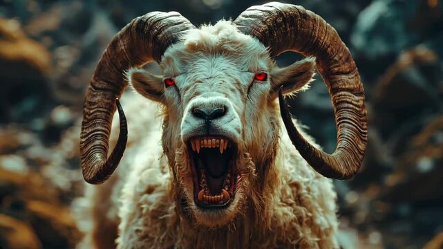 Menacing Ram with Glaring Red Eyes and Bared Teeth