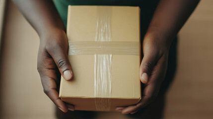 Minimalist fisheye perspective of African hands unwrapping eco-friendly packaging from a newly opened box in a bright setting