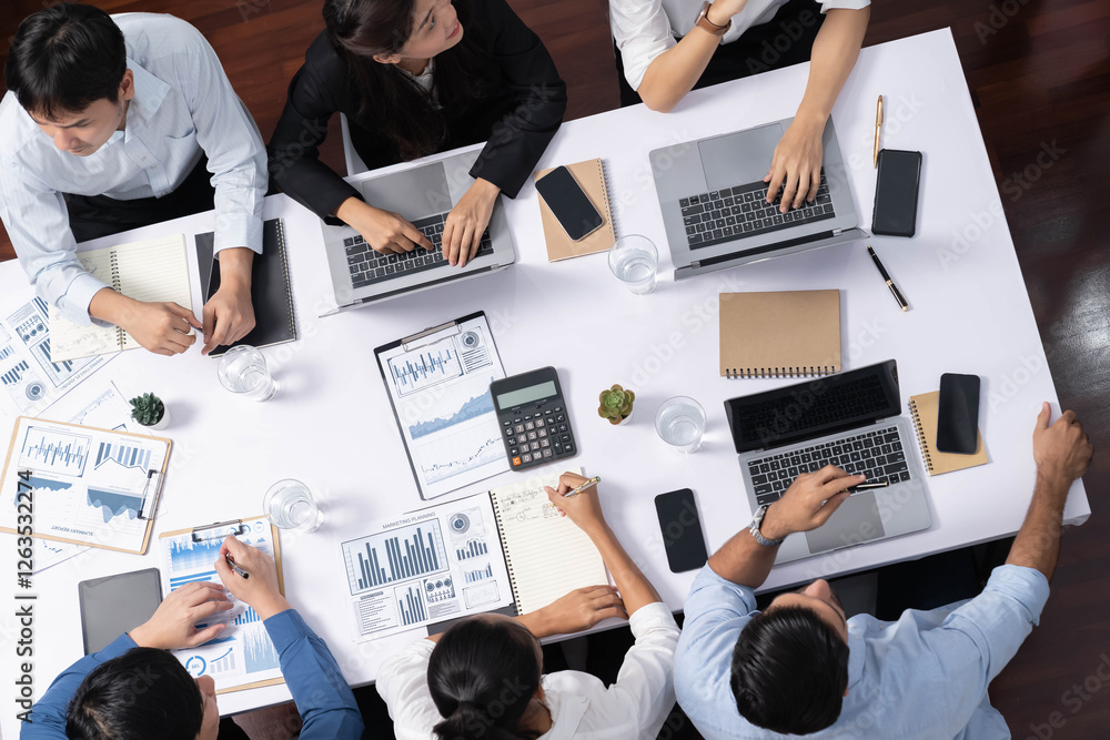 Poster top view analyst team utilizing bi fintech to analyze financial data at table in meeting room. analy