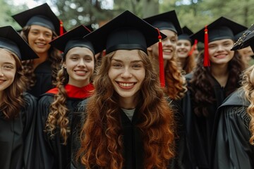 Obraz premium group of college friends celebrating graduation with caps and gowns in a campus setting. Joy, achievement, and friendship captured in a single photo.