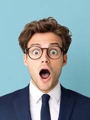 A man wearing glasses with his eyes and mouth wide open expresses the emotion of admiration and surprise on a light background