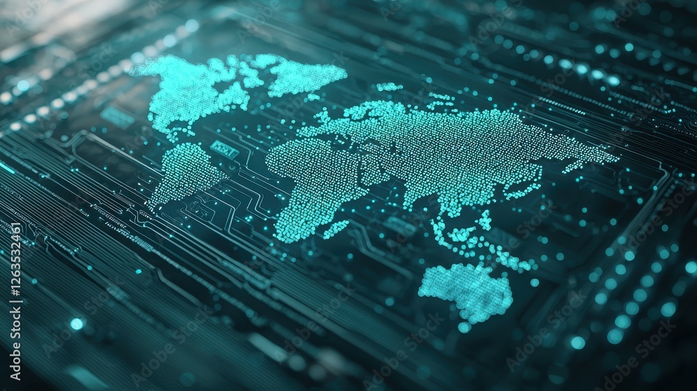 Aufkleber a digital world map displayed in a futuristic, tech-inspired design, featuring glowing lines and cir