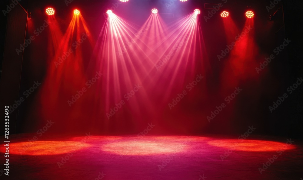 Poster an empty neon stage with rays in a dark abstract background.