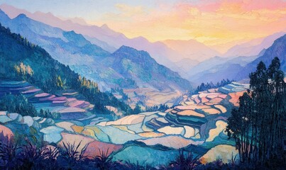 In a mountainous region, the sunrise paints the terraced rice paddies with vibrant colors.