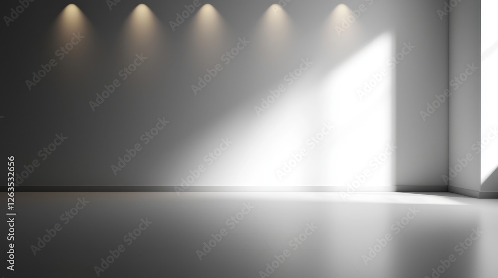 Poster bright and spacious room with a polished floor, featuring angled soft light streaming through a wind
