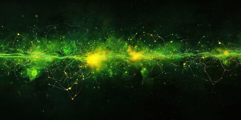 A vibrant cosmic scene featuring green and yellow nebulous formations against a dark background, suggesting a sense of depth and infinite space.