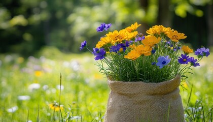 A vibrant bag filled with assorted flowers rests gently on the lush green grass, creating a picturesque and inviting outdoor scene.