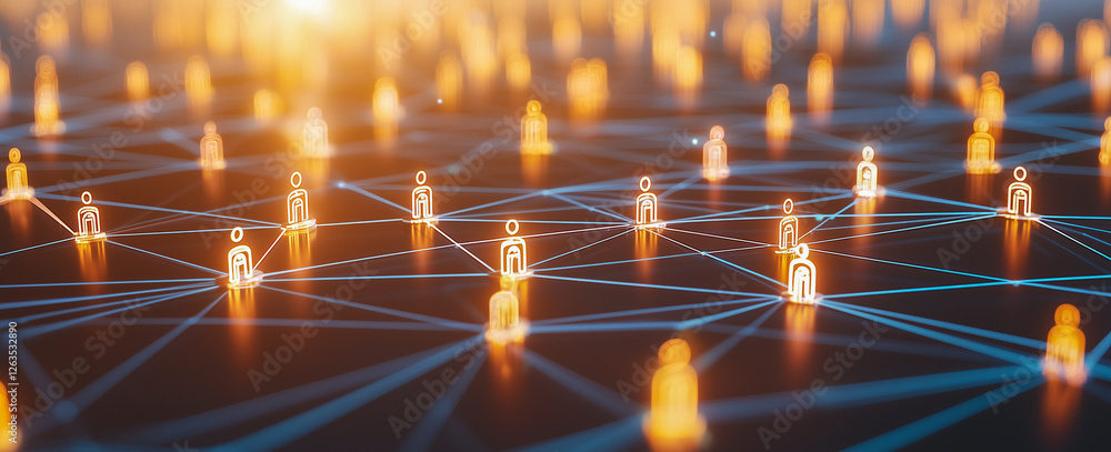 Poster digital network of connected users represented by icons