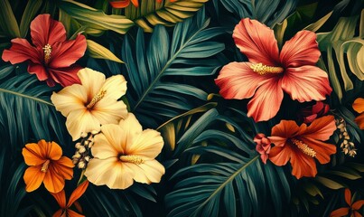 An energetic arrangement of tropical flowers with dense green leaves.
