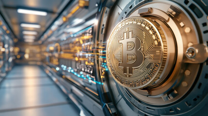 Fototapeta premium futuristic vault with holographic cryptocurrency symbols glowing in high tech corridor, featuring prominent Bitcoin coin in foreground, symbolizing digital finance and blockchain security