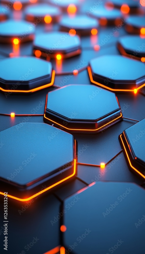 Poster abstract background, neon blue hexagonal pattern with connecting lines and light flares.
