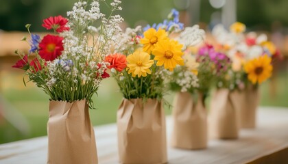 A variety of colorful flowers arranged in small vases adorns a table, creating a vibrant and cheerful atmosphere.