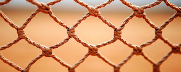 Naklejka premium Macro view of a damaged tennis net with loose thread on a blurred clay court background at a recreational facility during late afternoon