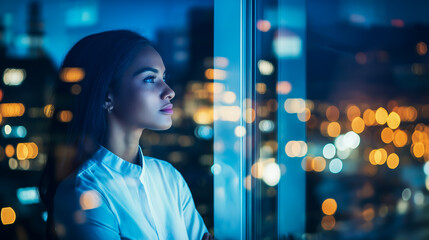 African American Woman Gazing Out of a Window, Her Reflection Mirroring the Vibrant Cityscape, Capturing a Moment of Contemplation and Connection with the Bustling Urban Environment