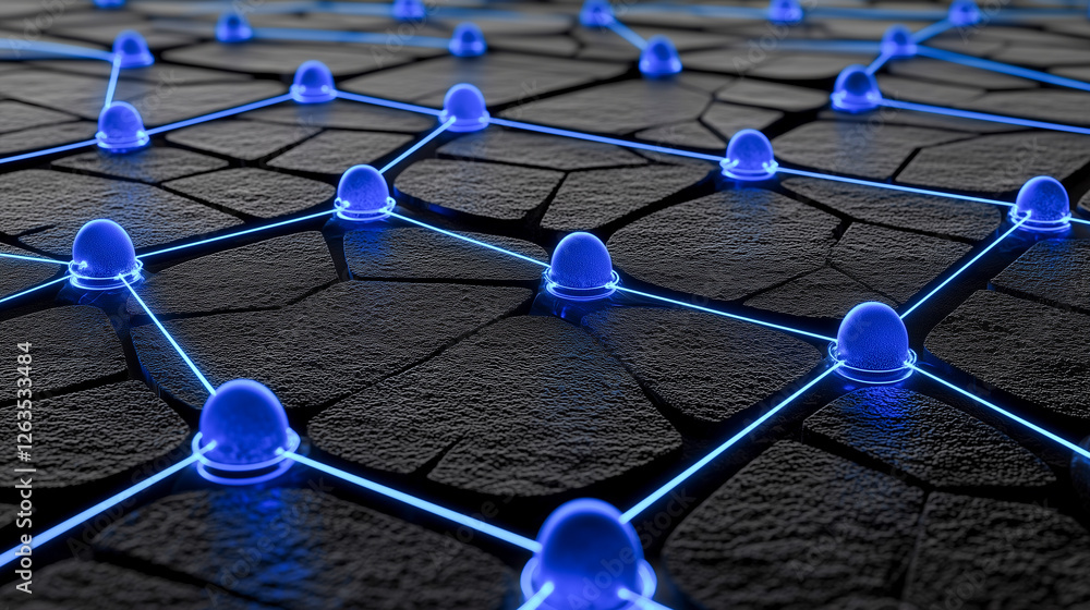 Poster abstract network design with glowing blue nodes on a textured surface