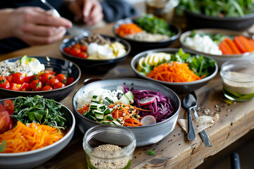 Obraz premium A variety of colorful and healthy salad bowls made with fresh vegetables, greens, and toppings, placed on a wooden table. A perfect concept for healthy eating, clean food, and balanced meals.