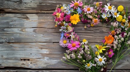 Fototapeta premium Floral arrangement of delicate heart-shaped flowers on a wooden background. The concept of love and nature. valentine's day.