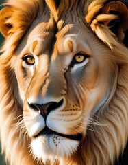 Majestic lion with intense eyes and a glowing golden mane in the wild