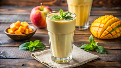 Fototapeta premium Mango milkshake with fresh mango and apple on wooden table