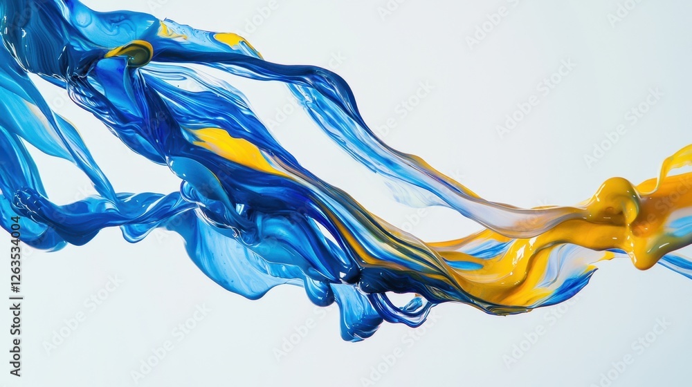 Poster vivid blue and yellow colors swirl together in a graceful display of fluid art, creating dynamic pat
