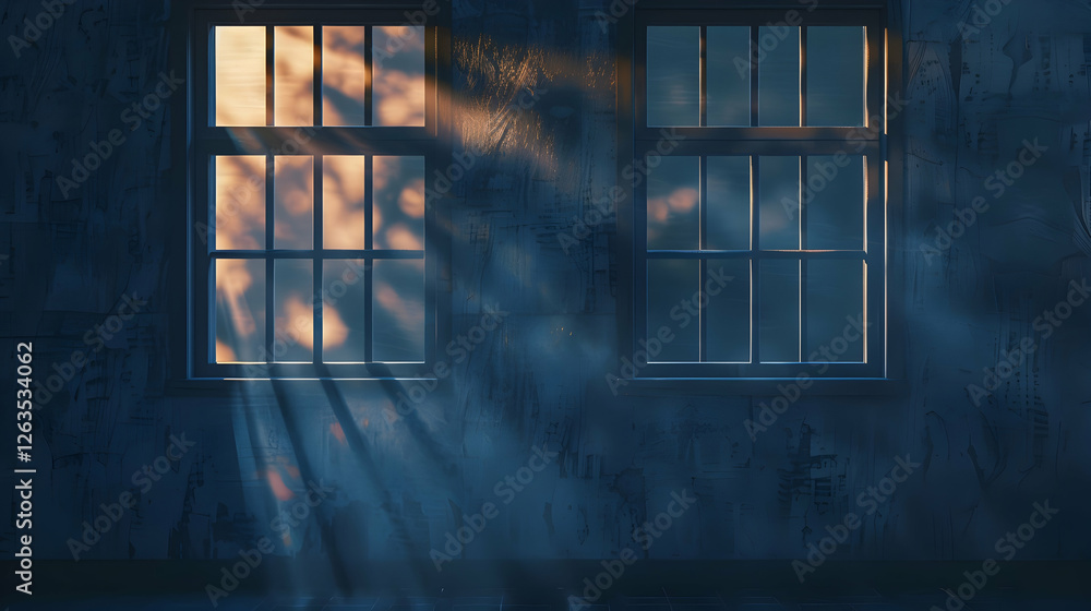 Aufkleber sunlight streaming through dusty windows in an abandoned room, creating a moody atmosphere