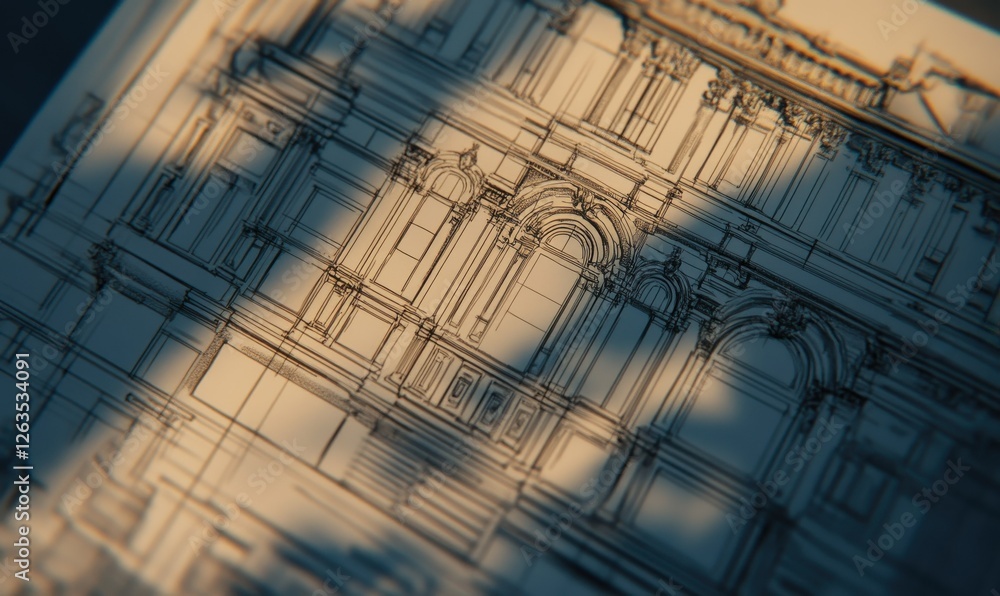 Poster an intricate close-up view of a blueprint revealing the architectural blueprint for a building, idea
