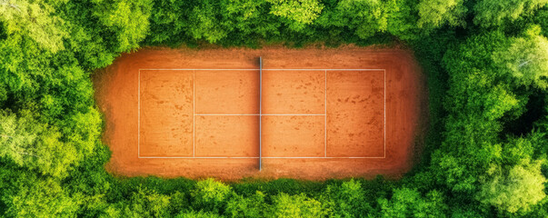 Fototapeta premium Overhead view of a red clay tennis court with clean white lines surrounded by lush green trees on a sunny day