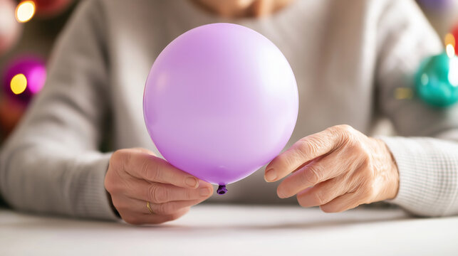 Senior person blowing up a purple balloon with festive decorations around in a bright and organized setting during a celebration preparation - Powered by Adobe