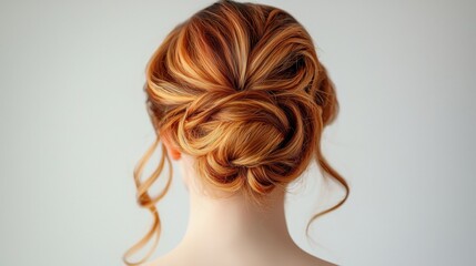 Fototapeta premium A stunning updo hairstyle features intricate twists and warm, golden hues. The model poses against a light background, highlighting the craftsmanship and beauty of the style