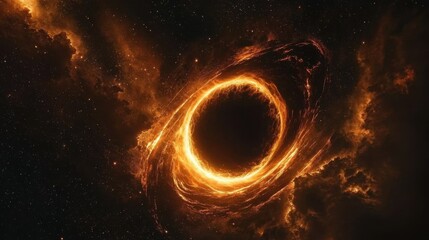 A black hole is depicted at the center, surrounded by luminous gases swirling in vibrant colors. Stars and cosmic dust fill the surrounding space, creating a stunning celestial vista