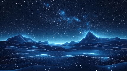 Fototapeta premium Digital night landscape, starry mountains, glowing peaks, cosmic scenery, background, stock photo