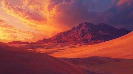 Fototapeta premium Golden hues fill the sky as the sun sets behind rugged mountains, casting long shadows over the rolling dunes of the desert. The tranquil atmosphere enhances the beauty of the landscape