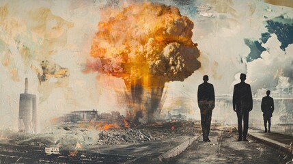 Four figures stand on a pathway, gazing at a large explosion in the distance. Smoke and flames rise against a dramatic twilight sky in a barren environment